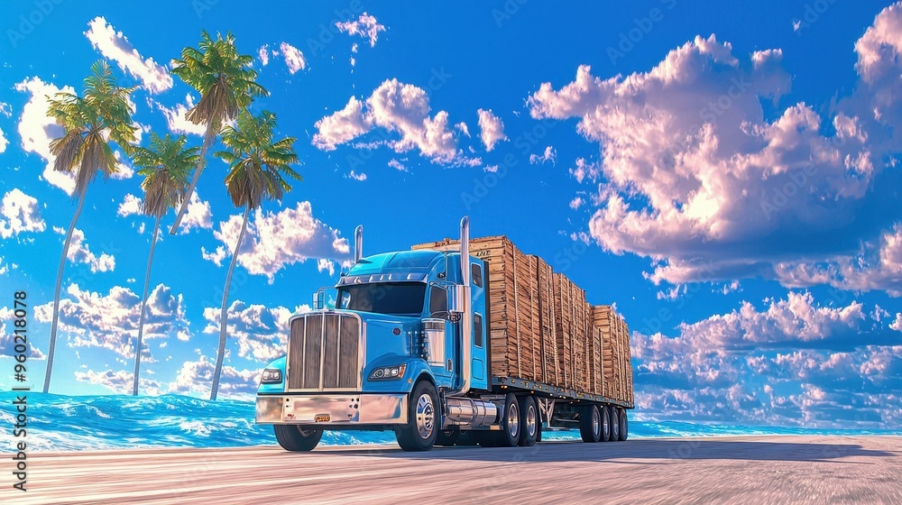 Wall mural a vibrant blue truck loaded with wooden crates drives on a sunny road, surrounded by palm trees and 