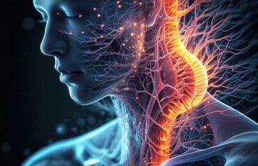 Woman with neck pain and glowing neck