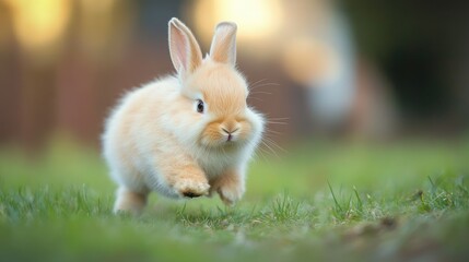 Fototapeta premium Lively baby rabbit sprinting through the yard, taking breaks to chew on grass. Fluffy and adorable, showcasing why these animals are cherished pets.
