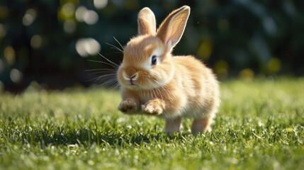 Lively baby rabbit sprinting through the yard, taking breaks to chew on grass. Fluffy and adorable, showcasing why these animals are cherished pets.