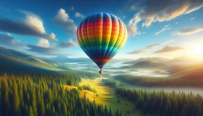 Fototapeta premium Hot air balloon floating over misty forested valley at sunrise with mountains in the background 