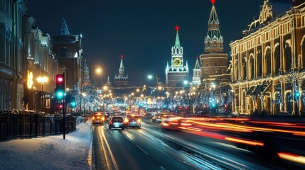Fototapeta premium A busy Moscow street at night with illuminated buildings and traffic light trails.