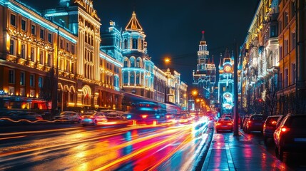 Obraz premium A busy Moscow street at night with illuminated buildings and traffic light trails.