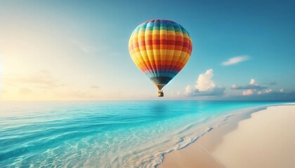 Fototapeta premium Hot air balloon floating over a serene tropical beach with clear turquoise waters at sunrise 