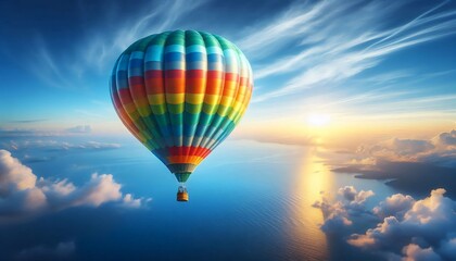 Fototapeta premium Hot air balloon floating high above the ocean at sunrise with clouds and islands below 