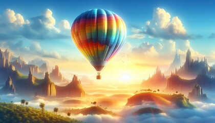 Fototapeta premium Hot air balloon floating over a mystical landscape with towering cliffs and misty valleys at sunrise 