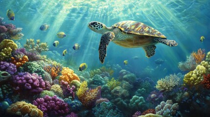 Obraz premium Schools of bright, neon fish and a graceful sea turtle swimming amidst a thriving coral reef, with sunlight filtering through the turquoise water