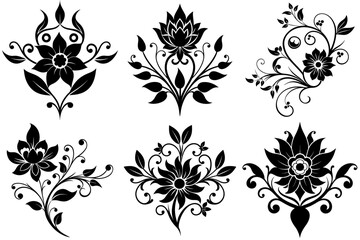 A set of black floral calligraphic element silhouettes