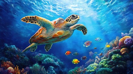 Obraz premium Sea turtle swimming gracefully above a coral reef, with neon-colored fish darting through coral crevices and larger fish gliding in the blue water beyond