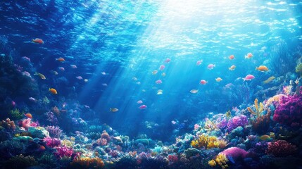 Obraz premium Seascape image of a shoal of vivid fish swimming through the blue ocean, coral gardens below, sunlight filtering through the water, highlighting the vibrant marine life