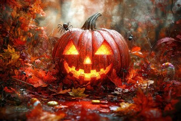 Spooky carved Halloween pumpkin glowing in autumn leaves and foliage