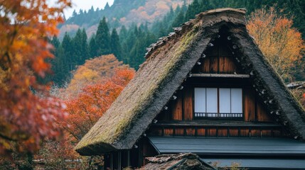 A close-up of a gassho-zukuri house in Shirakawa-go, with its steep thatched roof and wooden structure.