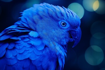 A detailed close-up of a blue parrot with sharp focus on its feathers, eye, and textures against a dark background.