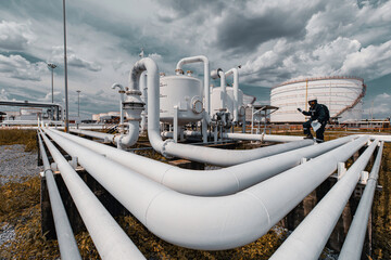 Male worker inspection at steel long pipes and pipe elbow in station oil factory during refinery...