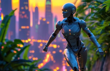 Close-up of a robot running through a city.