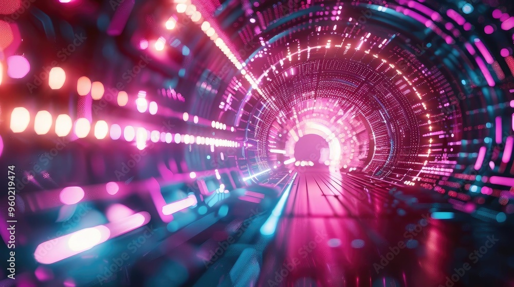 Poster a vibrant, futuristic tunnel illuminated with neon lights in vivid colors, creating a sense of depth