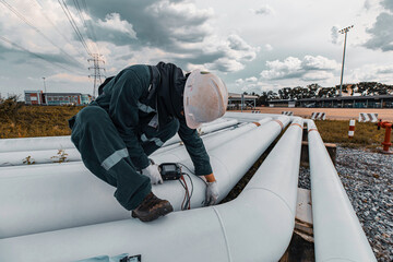 Male worker inspection and measurement thickness pipeline oil and gas at check record pipeline