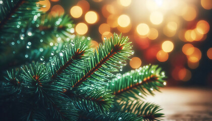 A pine tree branch with droplets of water showcasing vibrant green needles. The background features soft blurred bokeh lights in warm tones a festive atmosphere