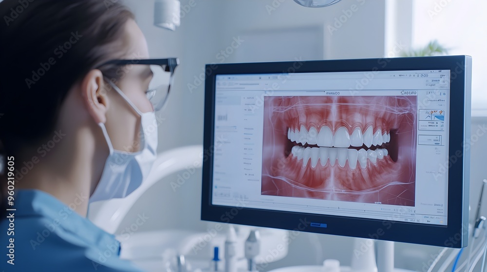 Poster dentist using intraoral scanner to digitally scan teeth with real-time display