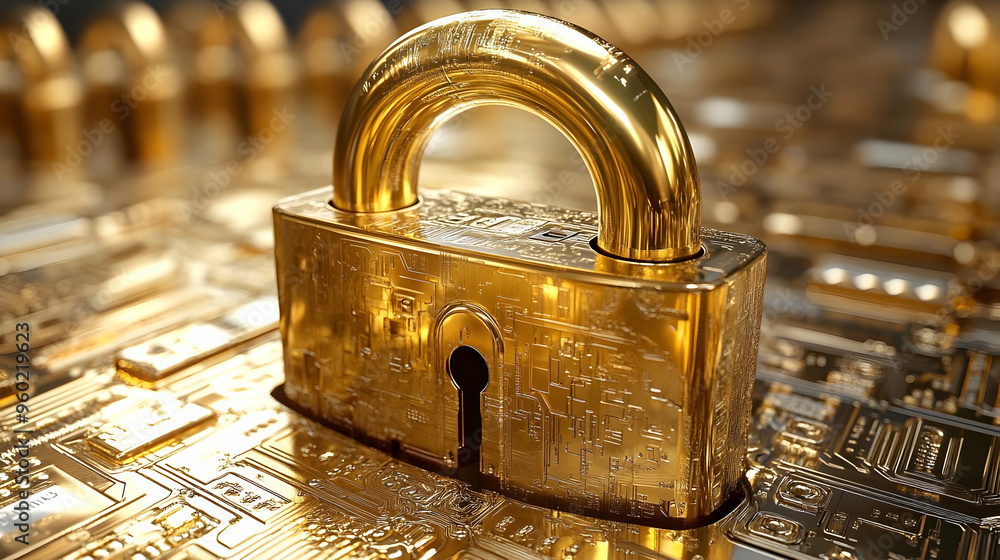 Poster a golden padlock on a circuit board background symbolizing security.