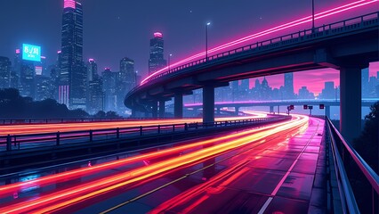 Fototapeta premium Bustling City Street at Night with Dynamic Neon Light Trails