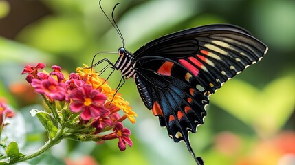 Fototapeta premium A close-up of a vibrant butterfly feeding on nectar from a colorful flower.
