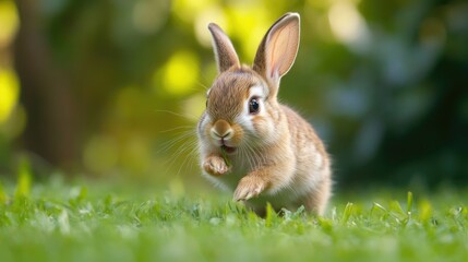 Fototapeta premium Tiny baby bunny hopping playfully and biting the grass in a green yard, highlighting its adorable behavior and making it a favorite pet choice