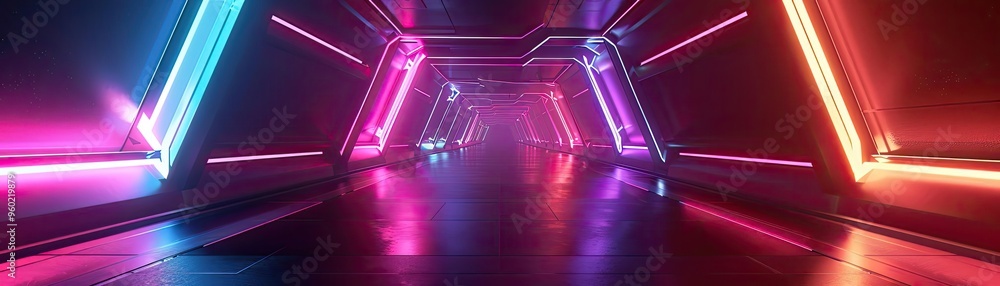 Poster futuristic hallway illuminated by vibrant neon lights, creating a dynamic atmosphere for technology 