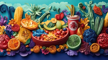 Fototapeta premium 45. A 3D paper art representation of Mexican traditional cuisine, showcasing vibrant paper-crafted dishes, colorful ingredients, and festive decorations. The design uses bright colors and intricate