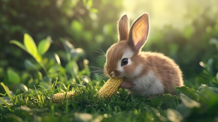 Fototapeta premium Tiny furry rabbit with a mix of brown and white fur, happily eating fresh grass and baby corn on a green meadow, embodying a cute Easter animal concept