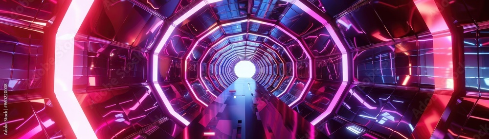 Poster a vibrant abstract tunnel filled with glowing neon lights and futuristic patterns, creating a sense 