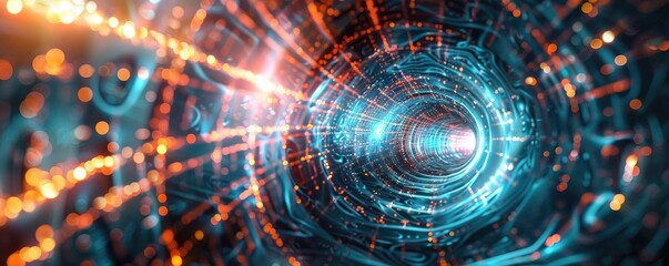 Obraz premium Futuristic tunnel design with glowing lights and vibrant colors, representing technology and digital innovation.