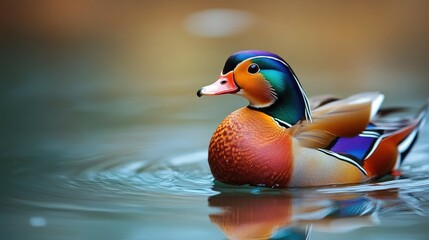 A close-up of a vibrant mandarin duck swimming in a calm pond.