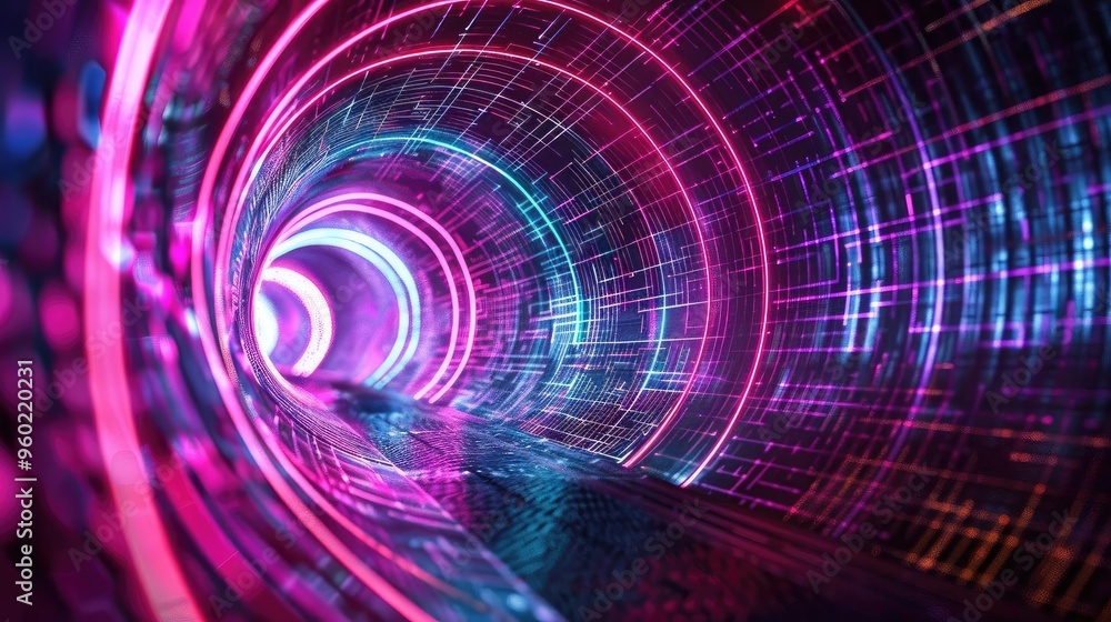 Poster vibrant tunnel with neon lights and digital patterns creating a futuristic atmosphere and dynamic mo