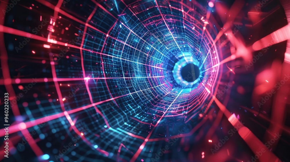 Poster a mesmerizing digital tunnel of light, showcasing vibrant colors and intricate patterns, perfect for