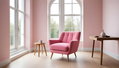 Fototapeta premium A pink upholstered armchair with wooden legs in a bright, minimalist room with large windows.