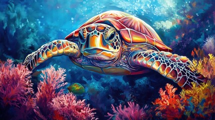 A close-up of a vibrant sea turtle swimming through coral reefs.