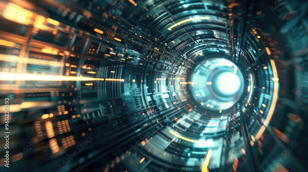 Poster a futuristic tunnel with a bright light at the end, showcasing intricate circuitry and glowing patte