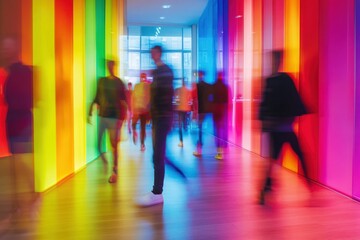 People moving through a vibrant office space decorated with rainbow-colored elements, captured with a motion blur effect, symbolizing inclusivity and LGBT pride
