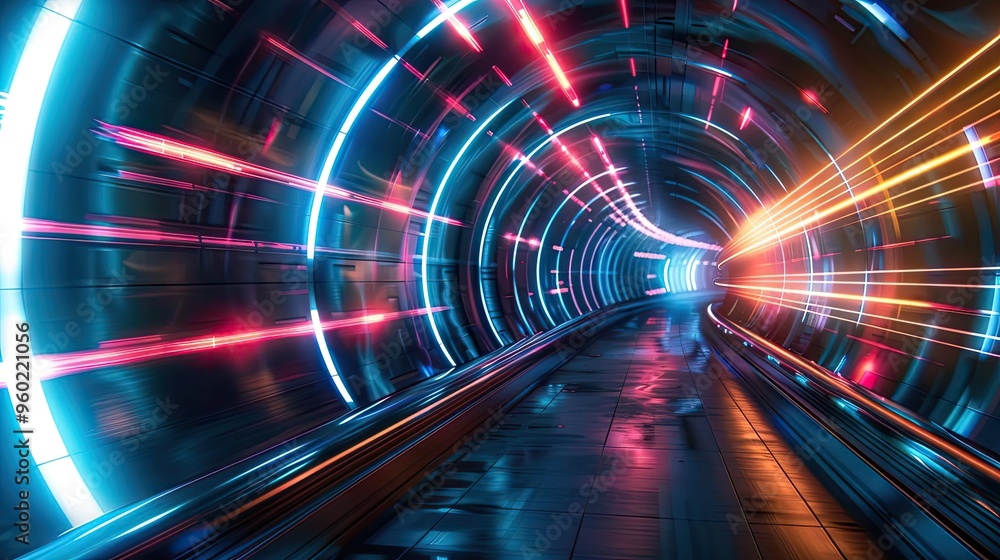 Poster vibrant tunnel with neon lights creating a dynamic sense of movement, perfect for futuristic or tech