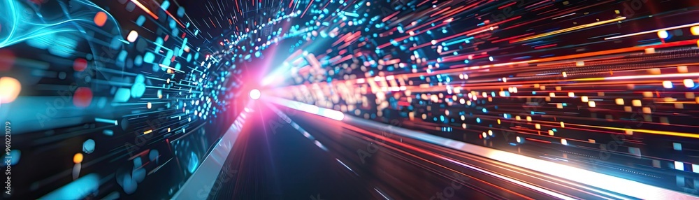 Poster dynamic light trails and vivid colors illustrate the concept of speed and motion in a futuristic env