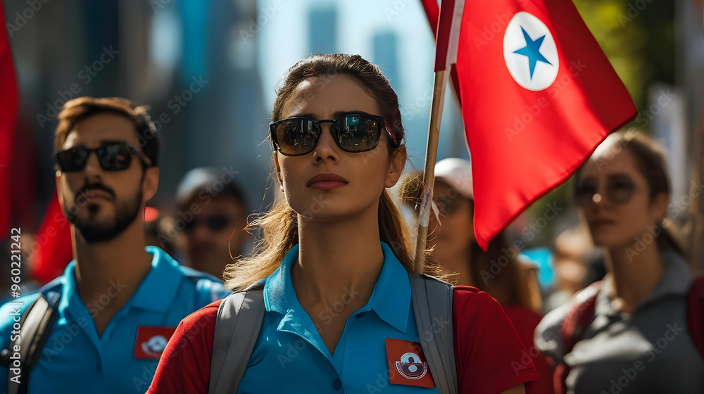 Poster a group of people marching with flags in a public demonstration.
