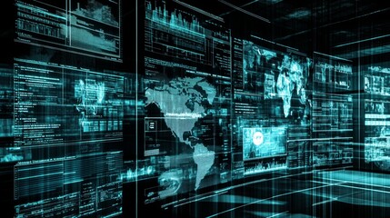 Digital marketing concept in a modern tech startup office, featuring a multi-screen setup displaying various marketing channels.