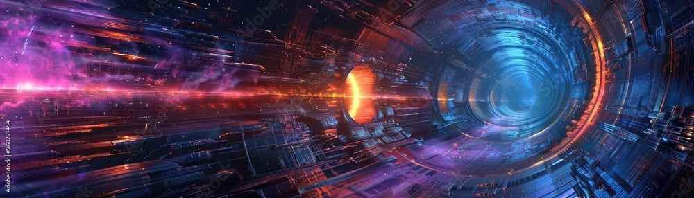 Poster a vibrant tunnel filled with colorful light streams, evoking a sense of speed and motion in a futuri