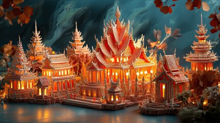 Obraz premium 27. A 3D paper art scene with a Thai-inspired cultural festival, featuring elaborate paper decorations, traditional costumes, and vibrant parades. The artwork uses bold colors and detailed textures