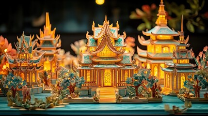 Fototapeta premium 27. A 3D paper art scene with a Thai-inspired cultural festival, featuring elaborate paper decorations, traditional costumes, and vibrant parades. The artwork uses bold colors and detailed textures