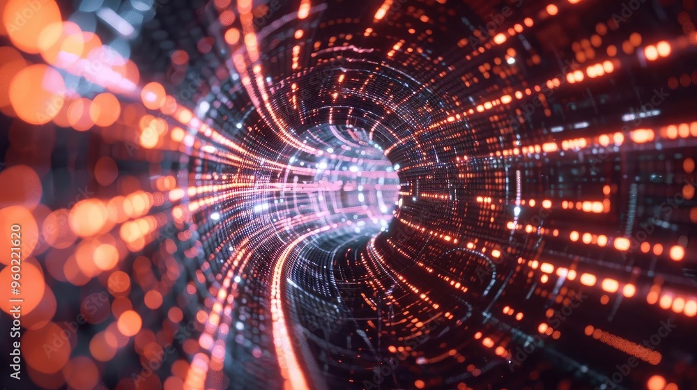 Poster abstract representation of digital tunnel with vivid lights and glowing particles, evoking a sense o