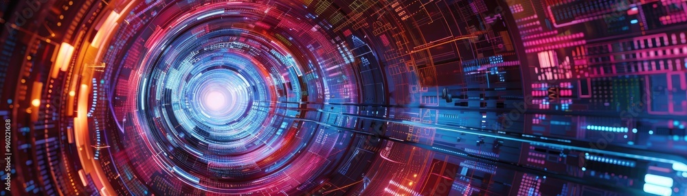 Poster vibrant futuristic tunnel with colorful lights and circuit patterns. ideal for technology, science f