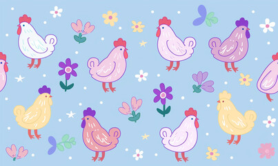 Kawaii icons in pastel colors featuring hens and flowers, beautifully composed for fun and creative designs.