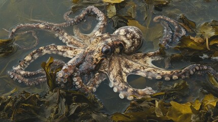 Obraz premium An Octopus Resting Among Seaweed in Shallow Water